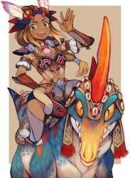 Rule 34 | 1girl, blush, braid, breasts, brown hair, green eyes, highres, jewelry, kayna (monster hunter), looking at viewer, mask, mask on head, medium breasts, monster hunter (series), monster hunter stories 2, multicolored hair, navel, neck ring, necklace, open mouth, shell, shell necklace, solo, stomach tattoo, sui (suizilla), tan, tattoo, tribal, tribal tattoo, two-tone hair
