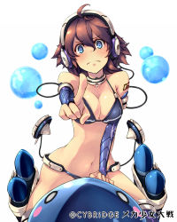 Rule 34 | 1girl, arm support, bare shoulders, bikini, black bikini, blue eyes, blush, breasts, bridal gauntlets, brown hair, choker, cleavage, copyright name, elbow gloves, foreshortening, gloves, hair between eyes, headphones, highres, keypot, md5 mismatch, mecha shoujo taisen z, navel, pointing, pointing at viewer, simple background, solo, straddling, swimsuit, tattoo, tears, torpedo, watermark, white background