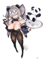 Rule 34 | 1girl, :d, animal ears, arknights, black bow, black bowtie, black leotard, black thighhighs, bow, bowtie, breasts, brown pantyhose, detached collar, eyewear on head, feater (arknights), from above, grey hair, highres, jacket, large breasts, leotard, long hair, multicolored hair, off shoulder, open clothes, open jacket, open mouth, panda, panda ears, pantyhose, razu (rus), smile, solo, standing, streaked hair, thighhighs, thighhighs over pantyhose, twintails, yellow eyes