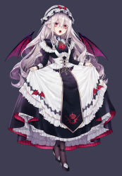 Rule 34 | 1girl, absurdres, ascot, bad id, bad twitter id, bat wings, black pantyhose, bow, braid, commentary request, corset, crown braid, dress, eyes visible through hair, fangs, frilled dress, frills, goshi-san, gothic lolita, grey background, hat, heart, highres, jewelry, lace, lace-trimmed dress, lace trim, lolita fashion, long dress, long hair, looking at viewer, mob cap, open mouth, original, pantyhose, pendant, red ascot, red bow, red eyes, sidelocks, silver hair, simple background, slit pupils, solo, vampire, very long hair, wavy hair, wings
