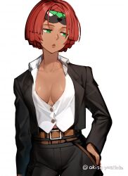 Rule 34 | 1girl, akisa yositake, blue eyes, breasts, cleavage, dark-skinned female, dark skin, giovanna (guilty gear), green eyes, guilty gear, guilty gear strive, high-waist pants, highres, large breasts, long sleeves, looking to the side, pants, partially unbuttoned, red hair, shirt, short hair, white shirt