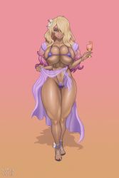 Rule 34 | 1girl, alternate skin color, areola slip, artist name, bare legs, bare shoulders, bikini, bikini top only, bimbofication, blonde hair, blue bikini, bracelet, breasts, cameltoe, camilla (fire emblem), cleavage, clothes lift, collarbone, cup, curvy, dark-skinned female, dark skin, drink, eyeshadow, female focus, fire emblem, fire emblem fates, fire emblem heroes, flower, full body, ganguro, gradient background, gradient hair, hair flower, hair ornament, hair over one eye, highleg, highleg bikini, highres, huge breasts, intelligent systems, jewelry, large breasts, lifting own clothes, lipstick, long hair, looking at viewer, makeup, micro bikini, multicolored hair, nail polish, navel, nintendo, parted lips, pink lips, purple eyes, purple eyeshadow, purple hair, sandals, sarong, sarong lift, satyrsatyr, self exposure, simple background, solo, standing, swimsuit, tan, thick thighs, thighs, thong bikini