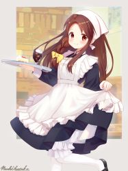 Rule 34 | 1girl, absurdres, alternate costume, alternate hairstyle, apron, apron hold, black dress, black footwear, bow, braid, brown eyes, brown hair, cake, closed mouth, collar, commentary request, cup, dress, drinking glass, enmaided, food, forehead, frilled apron, frills, hair bow, head scarf, highres, holding, holding tray, kin-iro mosaic, leg up, long hair, long sleeves, looking at viewer, maid, maid apron, mary janes, matsubara honoka, nashibatake, pantyhose, pinafore dress, shoes, signature, single braid, sleeveless dress, solo, standing, tray, white apron, white collar, white headwear, white pantyhose, yellow bow