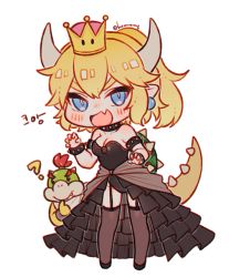 Rule 34 | 1girl, armlet, bare shoulders, black dress, black thighhighs, blonde hair, blue eyes, blue gemstone, blush, bowsette, bracelet, breasts, chibi, cleavage, collar, colored skin, crown, dress, earrings, fang, fang out, full body, garter straps, gem, green skin, horns, jewelry, large breasts, leotard, mario (series), nail polish, nintendo, open mouth, parted bangs, pointy ears, simple background, solo, spiked armlet, spiked bracelet, spiked collar, spikes, standing, super crown, thick eyebrows, thighhighs, v-shaped eyebrows, white background, yellow skin