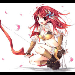 Rule 34 | 1girl, arrow (projectile), bad id, bad pixiv id, blush, bow (weapon), breasts, cleavage, crop top, fingerless gloves, gloves, hair ornament, hand on own hip, letterboxed, long hair, midriff, navel, open mouth, pinwheel, ragnarok online, red eyes, red hair, sniper (ragnarok online), solo, sorai shin&#039;ya, weapon