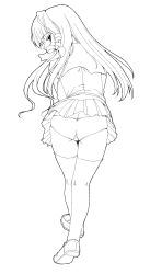 Rule 34 | 00s, 1girl, ass, clannad, cleaned, female focus, fujibayashi kyou, full body, hair ribbon, highres, long hair, looking back, monochrome, panties, ribbon, school uniform, shichimenchou, simple background, sketch, solo, thighhighs, underwear, white background