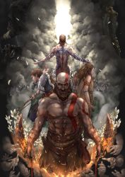 Rule 34 | 1girl, 3boys, abs, arm tattoo, arrow (projectile), atreus, back, back tattoo, bald, baldur (god of war), beard, belt, bodypaint, bow (weapon), brown hair, chain, closed mouth, dress, dual wielding, facial hair, facial tattoo, facing away, father and son, flower, freya (god of war), glowing, god of war, highres, holding, holding weapon, kratos (god of war), long hair, long sleeves, looking afar, looking at viewer, medium hair, mother and son, multiple boys, muscular, muscular male, nagi (xx001122), nipples, nude, pectorals, shirt, short hair, smoke, sparks, spoilers, tattoo, topless male, weapon