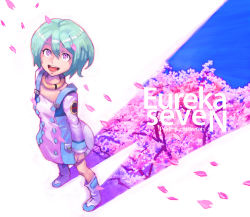 Rule 34 | 1girl, :d, aqua hair, blue hair, boots, boyaking, cherry blossoms, copyright name, eureka (eureka seven), eureka seven, eureka seven (series), from above, happy, looking up, open mouth, pink eyes, short hair, smile, solo, standing