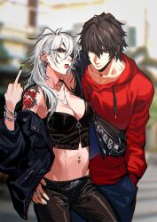 1boy 1girl aohitsugi_samatoki black_hair black_jacket black_nails black_pants black_shirt blue_shorts breasts cigarette closed_mouth commentary crop_top ear_piercing earrings english_text genderswap genderswap_(mtf) green_eyes hair_between_eyes hair_over_shoulder hand_in_pocket hand_on_another&#039;s_hip hand_up heterochromia highres hood hood_down hoodie hypnosis_mic jacket jewelry leather leather_jacket leather_pants lipstick looking_at_viewer makeup medium_breasts medium_hair middle_finger mole mole_under_eye nail_polish navel navel_piercing necklace niarwol open_clothes open_jacket pants piercing red_eyes red_hoodie red_lips shirt shorts shoulder_tattoo standing stomach stud_earrings symbol-only_commentary tattoo teeth white_hair yamada_ichiro