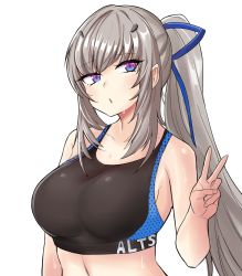 Rule 34 | 1girl, bare shoulders, blue eyes, blue ribbon, breasts, collarbone, counter:side, eyelashes, grey hair, hair ribbon, hand up, highres, korean commentary, large breasts, long hair, looking away, navel, open mouth, ponytail, purple eyes, ribbon, rinsutachio, seo yoon, sidelocks, simple background, solo, sports bra, sweat, upper body, v, white background