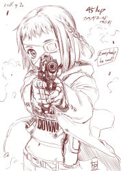 Rule 34 | 1girl, aiming, aiming at viewer, braid, character request, dated, english text, eyepatch, gun, handgun, holding, holding gun, holding weapon, holster, hood, hooded jacket, inoue sora, jacket, m1911, midriff, monochrome, pistol, short hair, single braid, solo, translation request, trigger discipline, weapon