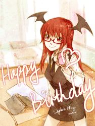 Rule 34 | 1girl, artist name, bat wings, bespectacled, book, commentary request, cowboy shot, dated, desk, dress shirt, english text, fourth wall, glasses, hair between eyes, happy birthday, head wings, heart, koakuma, light particles, long hair, long sleeves, looking at viewer, marker, nail polish, open book, paper, pencil skirt, red-framed eyewear, red eyes, red hair, semei (skylarkmei), semi-rimless eyewear, shirt, side slit, skirt, skirt set, smile, solo, standing, touhou, vest, white shirt, wings