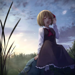 Rule 34 | 1girl, ascot, black dress, blonde hair, cloud, cloudy sky, commentary request, dress, closed eyes, hair ribbon, highres, long sleeves, nature, open mouth, pokio, ribbon, rock, rumia, shirt, short hair, sitting, sitting on rock, sky, solo, sunrise, touhou, yawning