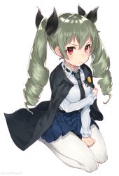 Rule 34 | 10s, 1girl, anchovy (girls und panzer), blush, breasts, cape, drill hair, girls und panzer, green hair, hair ribbon, highres, long hair, looking at viewer, medium breasts, mika pikazo, necktie, pantyhose, ribbon, school uniform, seiza, simple background, sitting, skirt, solo, twin drills, twintails, uniform, white background, white pantyhose