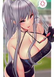 Rule 34 | 1girl, anger vein, azur lane, bare shoulders, blush, breasts, check commentary, cleavage, commentary request, copyright name, dress, enterprise (azur lane), enterprise (wind catcher) (azur lane), unworn eyewear, grey hair, halter dress, halterneck, highres, holding, holding removed eyewear, large breasts, looking at viewer, miyuki (9029009), no headwear, partial commentary, purple eyes, race queen, red-tinted eyewear, speech bubble, spoken anger vein, sunglasses, tinted eyewear, zipper, zipper pull tab