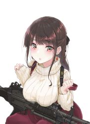 Rule 34 | 1girl, absurdres, bow, breasts, brown hair, commentary, earrings, hair bow, highres, jewelry, large breasts, long hair, oota youjo, original, solo, sweater, turtleneck, turtleneck sweater, weapon, weapon request, white background