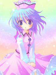 Rule 34 | 1girl, :o, blue eyes, blush, female focus, gradient background, gradient hair, hat, lesserpanda, light purple hair, merlin prismriver, multicolored eyes, multicolored hair, nibii (panda), skirt, skirt hold, skirt tug, solo, touhou, v arms, wind, wind lift