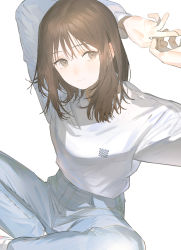 Rule 34 | 1girl, absurdres, arm behind head, arms up, aspara, blue pants, blush, brown eyes, brown hair, closed mouth, denim, feet out of frame, highres, indian style, interlocked fingers, jeans, light, long hair, long sleeves, looking at viewer, looking to the side, muted color, nose blush, original, own hands together, pale color, pants, print shirt, puffy long sleeves, puffy sleeves, shirt, shirt tucked in, sidelighting, simple background, sitting, smile, solo, white background, white shirt