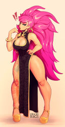 Rule 34 | 1girl, big hair, bracelet, breasts, china dress, chinese clothes, cleavage, cleavage cutout, clothing cutout, cuffs, dress, eyeshadow, grand-sage, half-closed eyes, hand on own hip, highres, jewelry, large breasts, lipstick, long hair, makeup, pelvic curtain, pink hair, platform footwear, poison (final fight), sleeveless, sleeveless dress, standing, street fighter, street fighter iv (series), thick thighs, thighs, very long hair