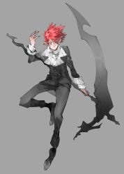 Rule 34 | 1boy, black footwear, black nails, closed mouth, earrings, eyes visible through hair, fingernails, grey background, highres, holding, holding scythe, holding weapon, jewelry, kukicha, long fingernails, male focus, nail polish, original, pointy ears, red eyes, red hair, scythe, simple background, sketch, solo, weapon