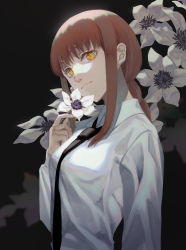 Rule 34 | 1girl, black background, black necktie, braid, braided ponytail, breasts, chainsaw man, champi, closed mouth, collared shirt, commentary, dress shirt, eyelashes, flower, highres, holding, holding flower, light smile, long sleeves, looking at viewer, makima (chainsaw man), medium breasts, medium hair, necktie, red hair, ringed eyes, shirt, sidelocks, simple background, solo, upper body, white flower, white shirt, wing collar, yellow eyes