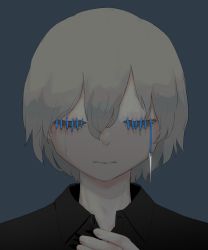 Rule 34 | 1boy, absurdres, avogado6, black shirt, blue background, closed mouth, collared shirt, facing viewer, grey hair, hair between eyes, highres, hollow eyes, male focus, needle, original, portrait, shirt, short hair, simple background, single tear, solo, stitched eye, tears, wing collar
