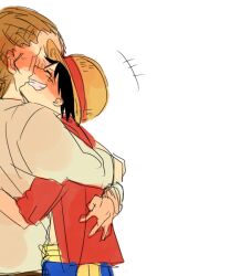 Rule 34 | +++, 1boy, 1girl, black hair, blue shorts, brown hair, commentary request, curly dadan, hat, hug, jump (ah0029), laughing, monkey d. luffy, one piece, orange hair, ponytail, profile, red shirt, sash, shirt, shorts, simple background, smile, straw hat, upper body, white background, yellow sash