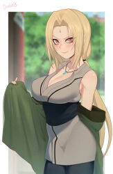 Rule 34 | 1girl, blonde hair, breasts, cleavage, darahan, facial mark, forehead mark, japanese clothes, jewelry, kimono, large breasts, long hair, looking at viewer, mature female, naruto (series), necklace, orange eyes, ponytail, smile, solo, standing, tsunade (naruto)