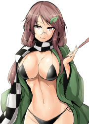 Rule 34 | 1girl, bikini, black bikini, breasts, brown eyes, brown hair, checkered clothes, checkered scarf, cleavage, closed mouth, commentary request, cowboy shot, futatsuiwa mamizou, futatsuiwa mamizou (human), glasses, highres, japanese clothes, kiseru, large breasts, leaf, leaf on head, long hair, long sleeves, looking at viewer, open clothes, pince-nez, smoking pipe, scarf, side-tie bikini bottom, smile, solo, swimsuit, touhou, wide sleeves, y2