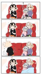 Rule 34 | ..., 3girls, 4koma, = =, absurdres, ahoge, arrow (symbol), bell, black shirt, black shorts, blanket, blonde hair, blush stickers, bow, breasts, brown eyes, cellphone, closed eyes, closed mouth, comic, couch, drooling, fate/grand order, fate (series), hair between eyes, handheld game console, headpiece, highres, holding, holding handheld game console, holding phone, jeanne d&#039;arc (fate), jeanne d&#039;arc (ruler) (fate), jeanne d&#039;arc alter (avenger) (fate), jeanne d&#039;arc alter (fate), jeanne d&#039;arc alter santa lily (fate), layered sleeves, light brown hair, long hair, long sleeves, medium breasts, multiple girls, nintendo switch, nose bubble, on couch, orange shorts, parted lips, phone, pink shirt, purple eyes, purple shirt, ranf, saliva, shirt, short over long sleeves, short shorts, short sleeves, shorts, sitting, sleeping, spoken ellipsis, striped, striped bow, translation request, very long hair, white hair