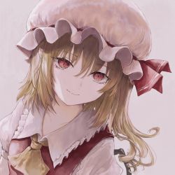 Rule 34 | 1girl, absurdres, ascot, blonde hair, closed mouth, collared shirt, commentary, flandre scarlet, frilled shirt collar, frills, grey background, hair between eyes, happiness lilys, hat, hat ribbon, highres, long hair, looking at viewer, mob cap, one side up, puffy short sleeves, puffy sleeves, red eyes, red ribbon, red vest, ribbon, shirt, short sleeves, simple background, smile, solo, split mouth, touhou, upper body, vest, white hat, white shirt, wings, yellow ascot