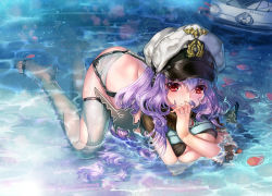 Rule 34 | 1girl, arm support, bent over, breast hold, breasts, covered mouth, crossed arms, damien (desire zhang), eyelashes, fish ornament, grey thighhighs, hair between eyes, hand up, hat, highres, kneeling, long hair, looking at viewer, medium breasts, no shoes, partially submerged, peaked cap, petals, petals on liquid, purple hair, red eyes, ripples, solo, swimsuit, thighhighs, toeless legwear, toes, u96 (warship girls r), warship girls r, water, wavy hair, wet, white hat