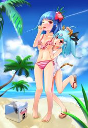 Rule 34 | 2girls, ahoge, animal ears, aqua hair, barefoot, beach, bikini, bili girl 22, bili girl 33, bilibili, biting, blue hair, blush, box, breasts, cloud, computer, day, fang, feet, fenyuat, finger biting, flower, flower on head, front-tie top, grabbing, grabbing another&#039;s breast, groping, hair flower, hair ornament, hair ribbon, hand on head, hibiscus, highres, lens flare, long hair, mascot, multiple girls, navel, ocean, one-piece swimsuit, outdoors, palm tree, red eyes, ribbon, sandals, school swimsuit, shore, short hair, side-tie bikini bottom, side ponytail, sky, small breasts, smoke, source request, striped bikini, striped clothes, swimsuit, tail, teardrop, tree, water, white one-piece swimsuit, white school swimsuit, wince