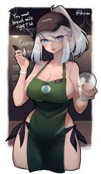 Rule 34 | 1girl, :d, absurdres, apron, bare arms, bare shoulders, baseball cap, black hat, black panties, black ribbon, blue eyes, blush, border, breasts, bright pupils, ceiling light, cleavage, clothes writing, collarbone, cropped legs, cup, disposable cup, english text, green apron, hat, highres, holding, holding cup, holding marker, iced latte with breast milk (meme), indoors, large breasts, long hair, looking at viewer, marker, meme, name tag, nearly naked apron, open mouth, original, outside border, panties, ponytail, psidubs, ribbon, side-tie panties, sidelocks, smile, solo, teeth, twitter username, underwear, upper teeth only, white border