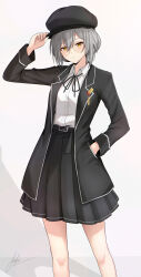 Rule 34 | 1girl, absurdres, alternate costume, alternate hair length, alternate hairstyle, aoikito lavender086, black hat, black jacket, black skirt, breasts, closed mouth, collared shirt, commentary, cowboy shot, english commentary, glasses, grey hair, hair between eyes, hand in pocket, hand on headwear, hat, highres, honkai: star rail, honkai (series), jacket, looking at viewer, medium breasts, open clothes, open jacket, round eyewear, shirt, sidelocks, signature, skirt, solo, standing, stelle (honkai: star rail), trailblazer (honkai: star rail), white shirt, yellow eyes