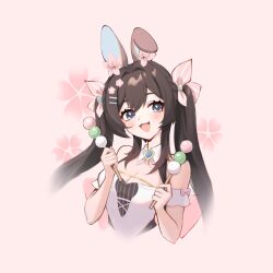 Rule 34 | 1girl, :d, animal ears, bare shoulders, blue eyes, blush, bow, breasts, brown hair, cherry blossoms, cleavage, commission, cropped torso, dango, detached collar, dot nose, dress, fake animal ears, food, hair between eyes, hair bow, hair intakes, hands up, highres, holding, holding food, indie virtual youtuber, large breasts, lilpalette, long hair, looking at viewer, nenmie (vtuber), off-shoulder dress, off shoulder, open mouth, pink background, pink bow, pinstripe bow, rabbit ears, second-party source, sidelocks, simple background, smile, solo, twintails, wagashi, white dress