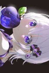 Rule 34 | 1girl, apple, black background, blurry, bob cut, bow, close-up, cloud, cloudy sky, food, fruit, gem, glowing, glowing eyes, grey hair, hair bow, hand up, highres, holding, holding food, isobe47, jewelry, light smile, looking at viewer, meteor, milky way, moon, nail polish, original, portrait, purple eyes, purple theme, ribbon, rotated, sidelocks, sideways, sky, smile, solo, sparkle, star (sky), water drop, white hair