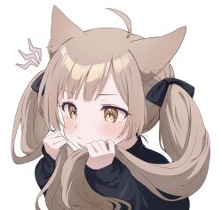 Rule 34 | 1girl, :t, ahoge, animal ear fluff, animal ears, black bow, black sweater, blush, bow, brown eyes, cat ears, cat girl, clenched hands, closed mouth, commentary request, goma konbu, hair bow, hakozaki serika, hands up, highres, holding, holding own hair, idolmaster, idolmaster million live!, light brown hair, lone nape hair, long hair, long sleeves, looking ahead, simple background, solo, sweater, swept bangs, thick eyelashes, twintails, upper body, white background