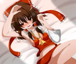 Rule 34 | 1girl, armpits, ascot, bare legs, bed, blush, bow, breasts, brown eyes, brown hair, cleavage, detached sleeves, dr. cryptoso, female focus, hair bow, hair tubes, hakurei reimu, highres, japanese clothes, lying, miko, navel, no bra, on back, sideboob, skirt, small breasts, solo, tears, touhou