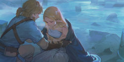 Rule 34 | 1boy, 1girl, alzi xiaomi, bare shoulders, blonde hair, blue shirt, cape, dress, earrings, fingerless gloves, gloves, highres, jewelry, link, looking at another, looking down, nintendo, pointy ears, ponytail, princess zelda, shirt, strapless, strapless dress, the legend of zelda, the legend of zelda: breath of the wild, water, white dress