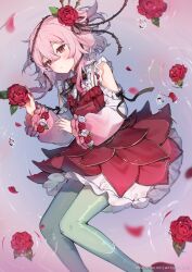 Rule 34 | 1girl, clothing cutout, commentary, dress, english commentary, flower, gold trim, gradient sleeves, green pantyhose, hair flower, hair ornament, highres, long sleeves, medium hair, nijisanji, nijisanji en, official art, pantyhose, partially submerged, pink hair, red dress, red eyes, red flower, red rose, rose, rosemi lovelock, rosemi lovelock (1st costume), short sidetail, shoulder cutout, solo, thorns, yenkoes