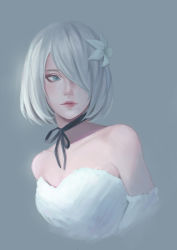 Rule 34 | 1girl, bare shoulders, black ribbon, blue eyes, choker, commentary, dress, english commentary, flower, grey background, grey hair, hair flower, hair ornament, hair over one eye, highres, lips, looking to the side, mole, mole under mouth, nier (series), nier:automata, no blindfold, nose, photo-referenced, portrait, ribbon, ribbon choker, shiro-hane, short hair, simple background, solo, strapless, strapless dress, upper body, 2b (nier:automata)