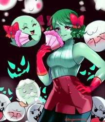 Rule 34 | 1boy, 1girl, ^ ^, bad id, bad twitter id, black pantyhose, boo (mario), bootler, bow, bow (paper mario), breasts, buttons, closed eyes, colored skin, d-ryuu, dual persona, ghost, gloves, green hair, green skin, hair bow, hand on own hip, laughing, mario (series), medium breasts, miniskirt, multiple boys, nintendo, no bra, ojou-sama pose, pantyhose, paper mario, paper mario 64, personification, red eyes, red gloves, ribbed sweater, short hair, skirt, sleeveless, sleeveless turtleneck, sweater, turtleneck, wavy hair