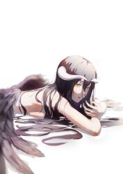 Rule 34 | 1girl, albedo (overlord), black feathers, black wings, breast press, demon girl, demon horns, feathered wings, feathers, highres, horns, long hair, looking at viewer, low wings, lying, on stomach, one eye closed, overlord (maruyama), slit pupils, solo, utt haru, white background, white horns, wings, yellow eyes