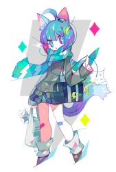 Rule 34 | 1girl, :o, ahoge, amakusa (hidorozoa), animal ears, bag, bandaid, bandaid on knee, bandaid on leg, blue eyes, blue hair, blue scarf, blue skirt, boots, cat ears, cat tail, checkered clothes, checkered skirt, contrapposto, electricity, feet out of frame, grey background, grey jacket, hand up, holding, jacket, legs apart, long sleeves, looking at viewer, multicolored eyes, multicolored hair, multiple tails, original, pleated skirt, purple eyes, purple hair, scarf, school uniform, short hair, shoulder bag, skirt, sleeves past wrists, solo, standing, striped clothes, striped scarf, symbol-shaped pupils, tail, two tails