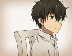 Rule 34 | 10s, 1boy, black hair, buttons, chair, closed mouth, collared shirt, dress shirt, expressionless, from side, gradient background, green eyes, grey shirt, hair between eyes, hyouka, looking afar, looking away, male focus, oreki houtarou, rito453, shirt, short hair, solo, upper body, wing collar