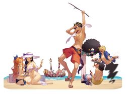 Rule 34 | 2girls, 6+boys, :d, ;d, ;p, absurdres, afro, arm up, beach, beard, bikini, black footwear, black hair, black pants, blonde hair, blue-tinted eyewear, blue bikini, blue bow, blue eyes, blue headwear, blue shirt, bow, breasts, brook (one piece), chinese commentary, cleavage, commentary request, cup, drinking glass, eyewear on head, facial hair, floral print, franky (one piece), goggles, goggles on head, green shirt, hair bow, hair over one eye, hat, hat bow, heart, heart-shaped eyes, heart-shaped eyewear, highres, holding, holding cup, holding plate, holding stick, izumikane, large breasts, long hair, long nose, lotion bottle, monkey d. luffy, mouth hold, multiple boys, multiple girls, nami (one piece), nico robin, ocean, ok sign, one eye closed, one eye covered, one piece, open clothes, open mouth, open shirt, orange eyes, orange hair, pants, parted lips, plate, ponytail, purple bow, red footwear, roronoa zoro, sandals, sanji (one piece), scar, scar on chest, scar on face, ship, shirt, shoes, short hair, short sleeves, shorts, skeleton, skewer, smile, sparkle, stick, straw hat, sun hat, sunglasses, swimsuit, teeth, teeth hold, thousand sunny, tinted eyewear, toenails, toes, toned, toned male, tongue, tongue out, tony tony chopper, transparent background, usopp, water, watercraft, white bikini, white headwear, white pants, yellow shorts
