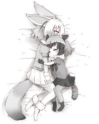 Rule 34 | 10s, 2girls, animal ears, bed, bed sheet, blush, common raccoon (kemono friends), closed eyes, fennec (kemono friends), fox ears, fox tail, full body, greyscale, hug, kemono friends, monochrome, multiple girls, on bed, open mouth, raccoon ears, raccoon tail, sleeping, tail, thick eyebrows, toshi mellow-pretty, trembling, yuri