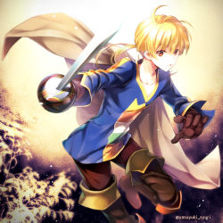 Rule 34 | 1boy, ahoge, blonde hair, blue shirt, boots, brown footwear, brown thighhighs, cape, expressionless, final fantasy, final fantasy tactics, gloves, long hair, looking at viewer, male focus, pants, ponytail, ramza beoulve, rapier, red eyes, shirt, shuri yasuyuki, solo, sword, thigh boots, thighhighs, twitter username, weapon