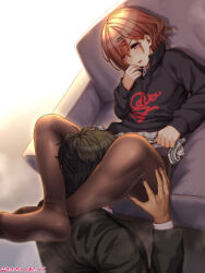 Rule 34 | 1boy, 1girl, artist name, between thighs, black hair, black jacket, black pantyhose, black sweater, blush, breasts, brown hair, commentary request, couch, grey skirt, hair ornament, hairclip, hetero, highres, higuchi madoka, idolmaster, idolmaster shiny colors, jacket, long sleeves, looking at another, medium breasts, mole, mole under eye, momo-chan atakku, no shoes, on couch, panties, panties under pantyhose, pantyhose, parted lips, pleated skirt, producer (idolmaster), purple eyes, school uniform, shirt, short hair, skirt, sweatdrop, sweater, thighhighs, underwear, white shirt